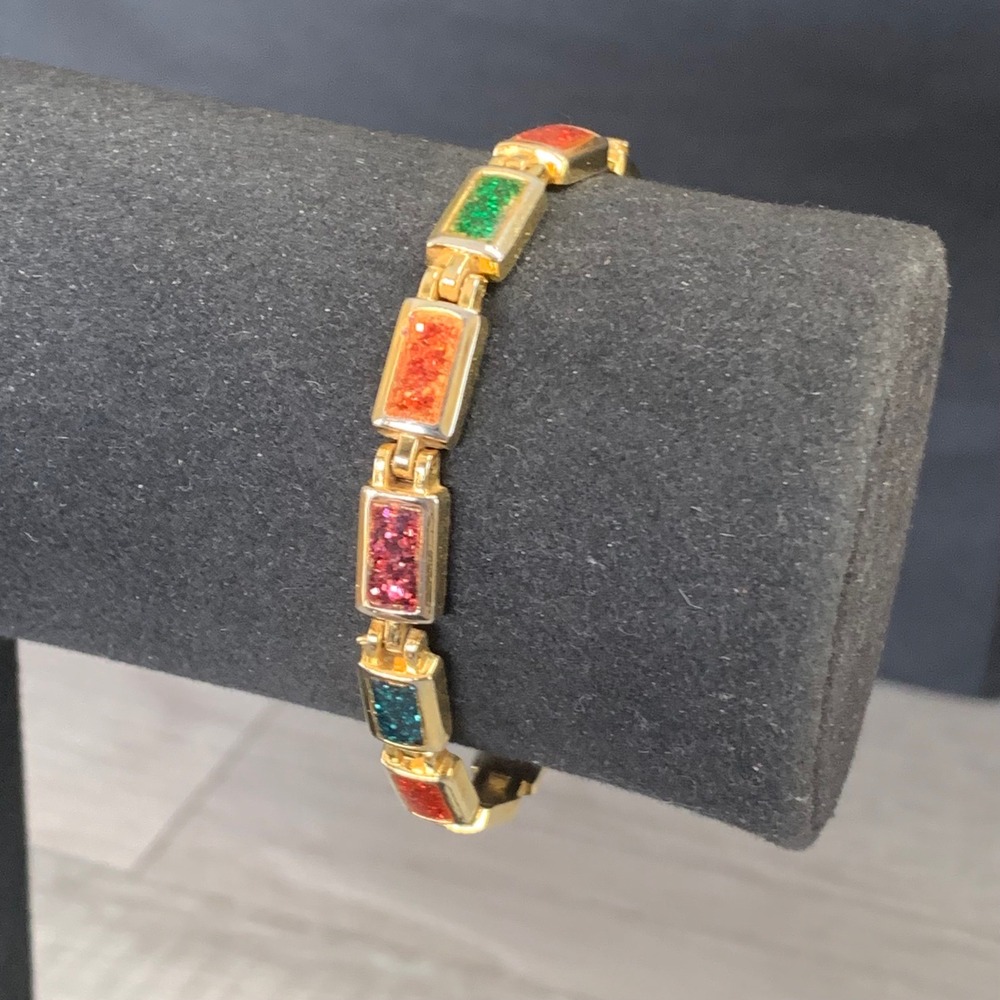 Vintage Gold Tone Magnetic Therapy Bracelet Multi Color Glitter Resin Links 6.5"